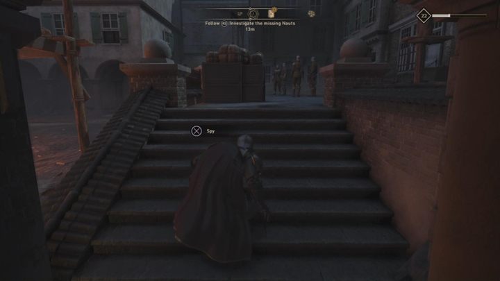 Idź teraz we wskazane miejsce i rozpocznij podsłuchiwanie żołnierzy, gdy ci toczą rozmowę - GreedFall: Sekret Księcia - solucja, opis przejścia - GreedFall - poradnik do gry