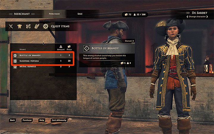 Po otwarciu okna handlu przejdź do ostatniej zakładki z przedmiotami questowymi (Quest Items) - GreedFall: Zatruty drink w prologu gry - jak przygotować? - GreedFall - poradnik do gry