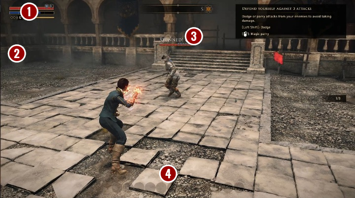 W trakcie walki będziesz stale widzieć stan swojego bohatera, towarzyszy oraz przeciwników - GreedFall: Interfejs użytkownika - GreedFall - poradnik do gry