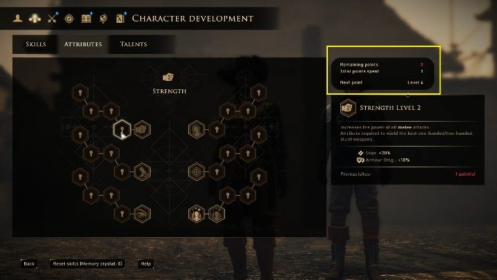 Jeśli wejdziesz w drzewko umiejętności, talentów czy atrybutów zobaczysz ile brakuje ci do kolejnego punktu - GreedFall: Rozwój postaci - GreedFall - poradnik do gry