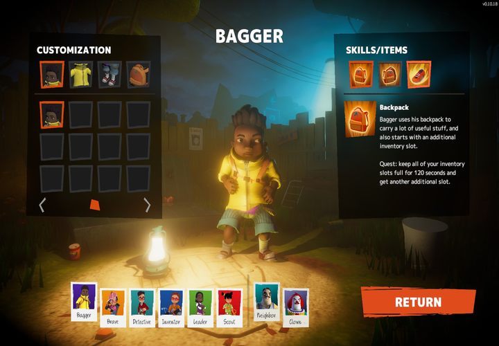 Bagger jako jedyny może posiadać więcej niż 2 przedmioty przy sobie, ponadto, jeśli przez 120 sekund będziesz miał zapełniony ekwipunek, gra odblokuje Ci możliwość posiadania 4 przedmiotów - Klasy postaci w Secret Neighbor | Jak grać dzieckiem? Jak grać sąsiadem? - Secret Neighbor - poradnik do gry