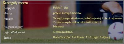 Omawiane okno (Szczegóły meczu) dla starszych graczy powinno kojarzyć się z usuniętym oknem Next Match, które mieliśmy w poprzednich wersjach CMa - Terminarz | Gra w CM | Championship Manager 4 - Championship Manager 4 - poradnik do gry