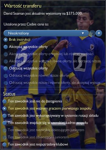 Począwszy od góry ustalacie cenę zawodnika i wydajecie dyspozycję czy i w jakich okolicznościach ma być sprzedany - Profil piłkarza (3) | Gra w CM | Championship Manager 4 - Championship Manager 4 - poradnik do gry