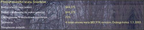 Planujcie dokładnie wydatki i nie przekraczajcie zbyt budżetu, bo to pierwszy krok do utraty posady (o tym jak zwiększyć zasoby finansowe w punkcie 8 - Zarząd) - Finanse, Informacje, Transfery, Sztab szkoleniowy i Historia - opis okien | Gra w CM - Championship Manager 4 - poradnik do gry