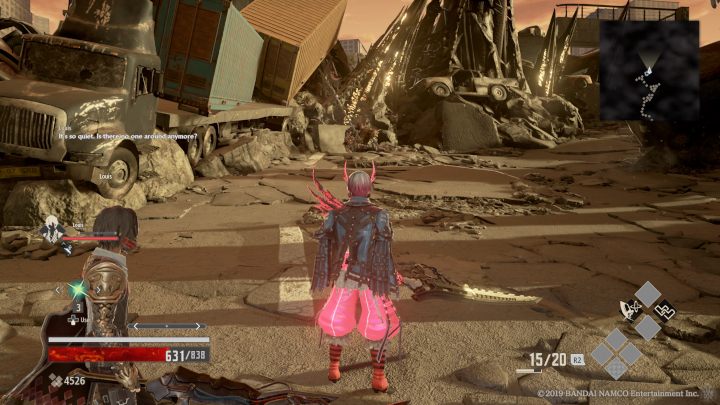 Przy wielkiej ciężarówce z kontenerami zobaczysz siedzącego przeciwnika, z prawej strony jest dwóch podobnych przeciwników, podchodząc w ten obszar spodziewaj się ataku - Ruined City Center | Solucja Code Vein - Code Vein - poradnik do gry