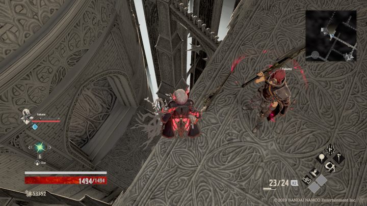 Po otwarciu drzwi, skręć w lewo, na wprost ciebie znajduje się załamana droga, zeskocz na dół (patrz screen) - Outlook Tower | Solucja Code Vein - Code Vein - poradnik do gry