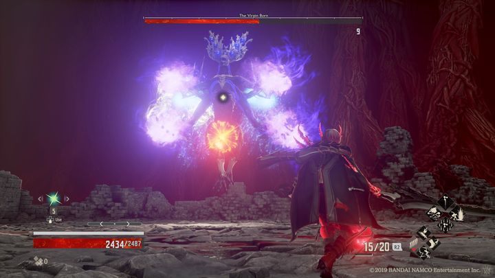 Jego druga faza zaczyna się od ataku, w którym wznosi się w powietrze, oraz zaczyna ostrzeliwać cię podobnymi pociskami co w pierwszej fazie, tylko o dużo większej ilości - The Virgin Born | Boss w Code Vein - Code Vein - poradnik do gry