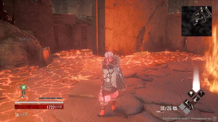 Po pokonaniu przeciwników, udaj się do korytarza widocznego na zdjęciu po prawej stronie, uważaj jednak na lawę - City of Falling Flame | Solucja Code Vein - Code Vein - poradnik do gry