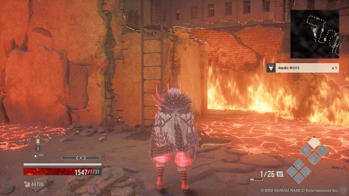 Przy ścianie znajduje się drabina, wejdź po niej na górę i podnieś Condensed Loss Shard (S) - City of Falling Flame | Solucja Code Vein - Code Vein - poradnik do gry