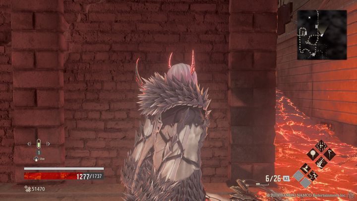 Skręć w prawą stronę, tam za rogiem cała podłoga będzie pokryta lawą, szybko przebiegnij po niej, - City of Falling Flame | Solucja Code Vein - Code Vein - poradnik do gry