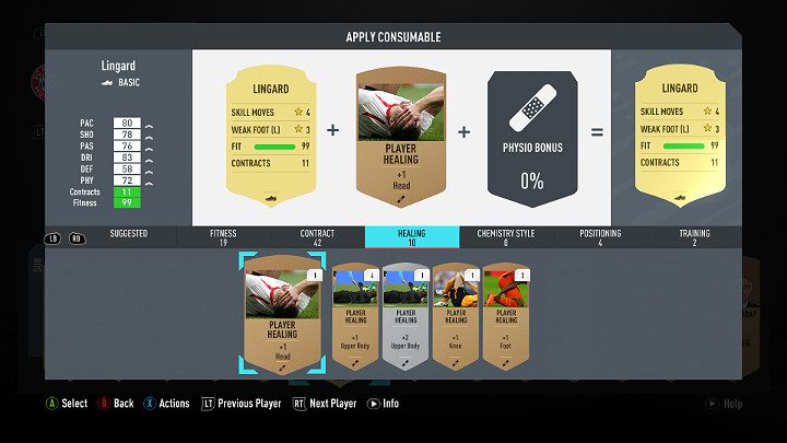 W menu składu wybierz odpowiedniego zawodnika i przejdź do menu akcji, a następnie wybierz przedmioty użyteczności - Zarządzanie zespołem w FUT 20, FIFA 20 Ultimate Team - FIFA 20 - poradnik do gry