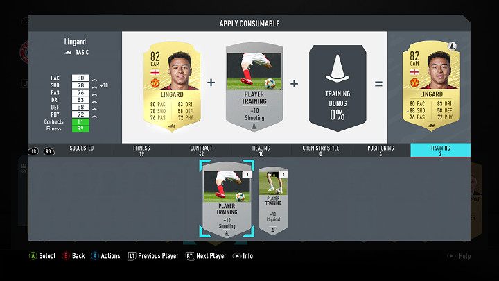 W menu składu wybierz odpowiedniego zawodnika i przejdź do menu akcji, a następnie wybierz przedmioty użyteczności - Zarządzanie zespołem w FUT 20, FIFA 20 Ultimate Team - FIFA 20 - poradnik do gry