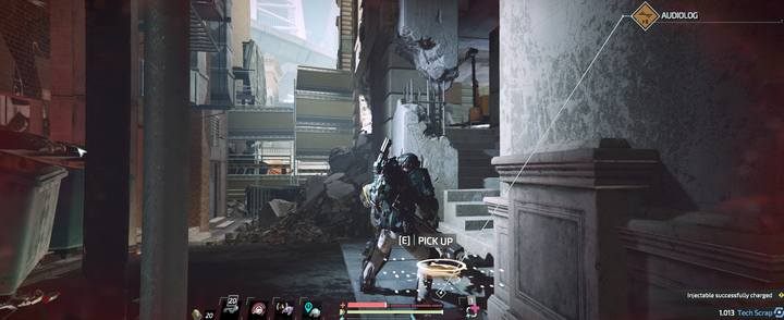 Przechodząc obok doktora, przy bramie prowadzacej na północ strzeżonej przez wojsko, w zruinowanym budynku za skrzyniami znajdziesz małą alejkę, gdzie leży audiolog - The Surge 2: Jericho Downtown - nagrania, sekrety - The Surge 2 - poradnik do gry