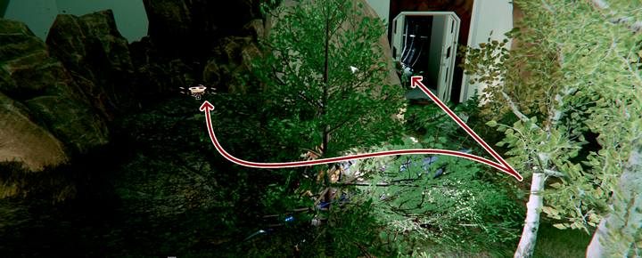 Na placu przed tarasem z napisem Gideons Rock, obok drzwi prowadzących do odstraszacza w szlaku Mustang Hills - The Surge 2: Władca marionetek - solucja, opis przejścia - The Surge 2 - poradnik do gry