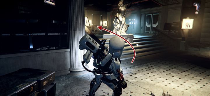 Skieruj się teraz w stronę mniej zdewastowanego holu z posągiem: czai się tu dwóch przeciwników i zamknięte drzwi do Szpitala - The Surge 2: A.I.D Command, Zagubione dziecko - solucja, opis przejścia - The Surge 2 - poradnik do gry