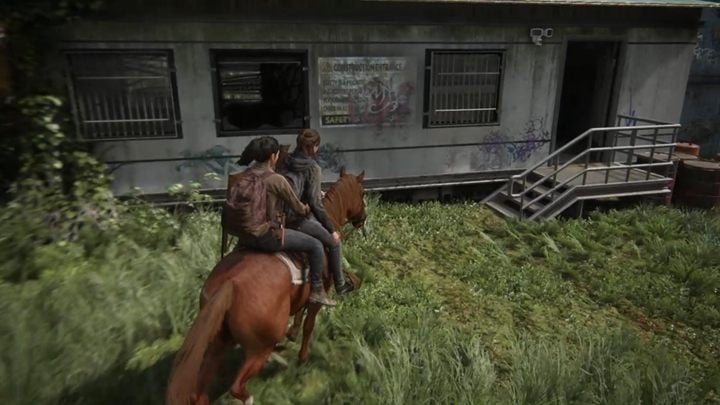 Jedźcie z Diną przez las, mińcie porzucone pojazdy, aż dotrzesz do małego budynku - The Last of Us 2: Przygotowania, Brama - solucja - The Last of Us 2 - poradnik do gry