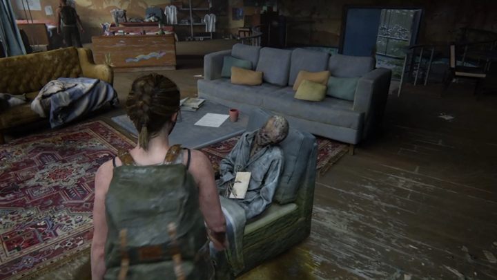 Idź schodami do góry i wyciągnij notkę z ręki szkieletu - The Last of Us 2: Baza / Akwarium - solucja, opis przejścia - The Last of Us 2 - poradnik do gry