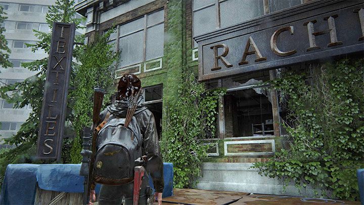 Wdrap się na rusztowanie i zainteresuj się sąsiadującym z nim budynkiem Rachels Fabrics - The Last of Us 2: Droga do akwarium / Road to the Aquarium sekrety, znajdźki - The Last of Us 2 - poradnik do gry
