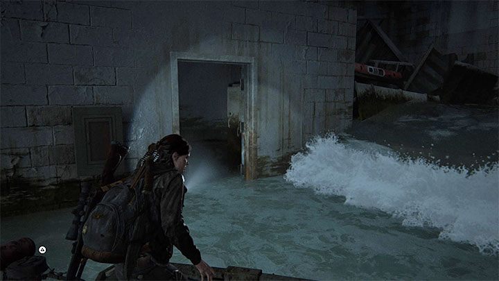 Zatrzymaj łódź gdy tylko spłyniesz na dół i zainteresuj się pokazanym na obrazku prawym otworem drzwiowym - The Last of Us 2: Zatopione miasto sekrety, znajdźki - The Last of Us 2 - poradnik do gry