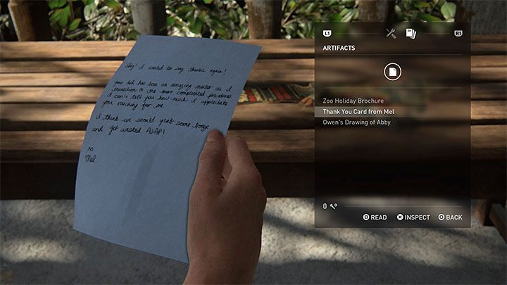 Obie znajdźki z etapu Lekcja tropienia automatycznie będą znajdowały się w inwentarzu Abby w momencie rozpoczęcia etapu - The Last of Us 2: Lekcja tropienia / Tracking Lesson sekrety, znajdźki - The Last of Us 2 - poradnik do gry