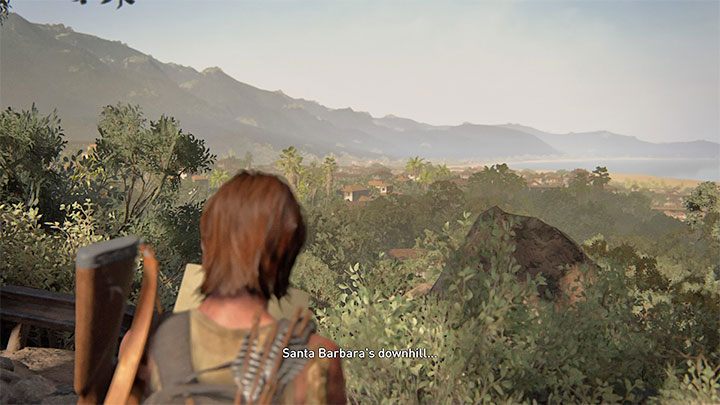 Ellie doda wpis do swojego dziennika automatycznie po opuszczeniu dużej posiadłości w etapie W głąb lądu i dotarciu do pokazanego na obrazku punktu widokowego, z którego widać dużą część Santa Barbara - The Last of Us 2: W głąb lądu / Pushing Inland sekrety, znajdźki - The Last of Us 2 - poradnik do gry
