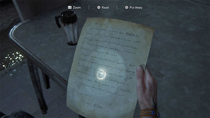 W mieszkaniu możesz znaleźć leżącą na stole notatkę, z której dowiesz się, że kombinacja do sejfu to data ślubu - The Last of Us 2: Seattle, dzień 2 Ellie - sejfy, kody - The Last of Us 2 - poradnik do gry
