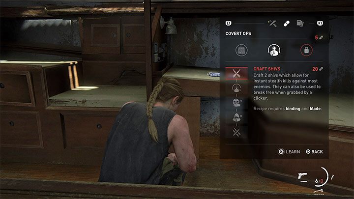 W przypadku Abby pojawia się okazja do wytwarzania ostrz (Shivs), które działają identycznie jak w pierwszej części The Last of Us - The Last of Us 2: Jak naprawiać broń białą i jak działają ostrza (Shiv)? - The Last of Us 2 - poradnik do gry