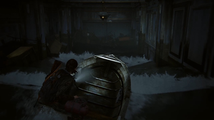 Płyń przed siebie i wpłyń do budynku, dając się poprowadzić falom wody - The Last of Us 2: Zatopione miasto/ podróż łodzią - solucja, opis przejścia - The Last of Us 2 - poradnik do gry