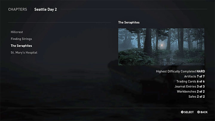 Informacje o liczbie stołów warsztatowych znajdujących się w danym etapie możesz odczytać z menu wyboru misji (Chapter Select) - w przykładowym poziomie z obrazka do odnalezienia są 2 warsztaty - The Last of Us 2: Ulepszanie broni, warsztaty - The Last of Us 2 - poradnik do gry
