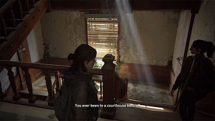 Wewnątrz budynku sądu musisz najpierw rozprawić się z grupą zainfekowanych, a następnie zlokalizować schody prowadzące na niższe piętro - The Last of Us 2: Podręczniki, umiejętności pasywne - The Last of Us 2 - poradnik do gry