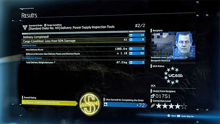Zlecenia standardowe posiadają identyczne ekrany podsumowań do zleceń dla Sama i są w identyczny sposób oceniane - Zlecenia standardowe | Death Stranding - Death Stranding - poradnik do gry