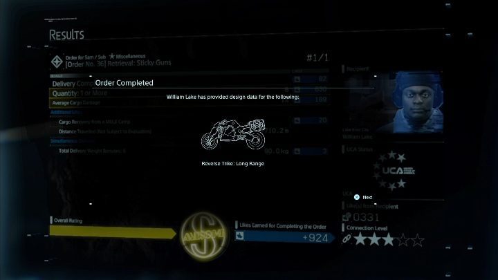 W nagrodę za wykonanie zadania otrzymasz nowy motocykl, którego bateria będzie starczać na dłużej oraz który szybciej będzie poruszał się po świecie gry - Death Stranding: Rozdział 3 - Fragile | Opis przejścia, solucja - Death Stranding - poradnik do gry