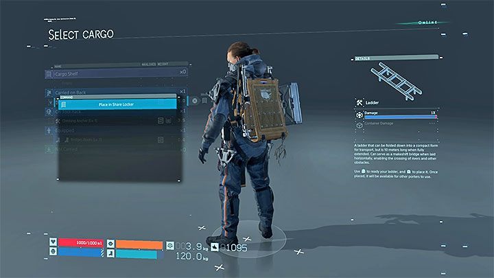 Musisz umieścić we wspólnej szafce dowolną broń lub dowolny element wyposażenia - w przykładzie z naszego obrazka podarowaliśmy drabinę - Lista trofeów i osiągnięć w Death Stranding - Death Stranding - poradnik do gry