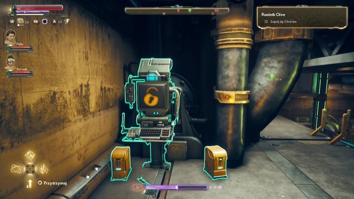 Na platformie okalającej halę produkcyjną znajdziesz terminal - Rzeźnik Clive i Ostatnie świngo | Misja poboczna w The Outer Worlds - The Outer Worlds - poradnik do gry