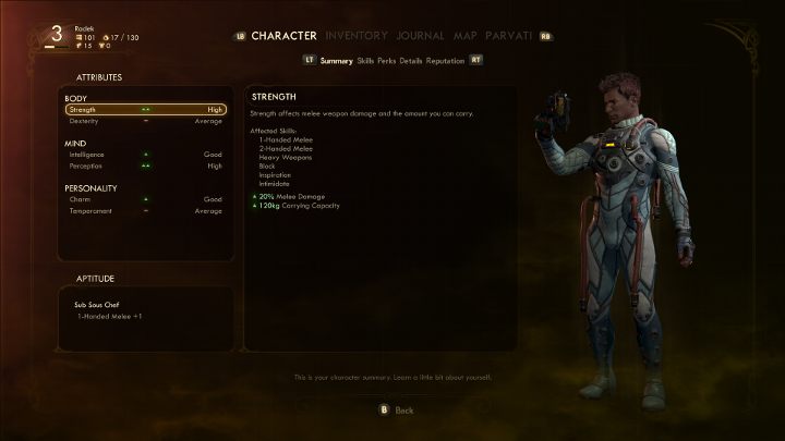 W podsumowaniu postaci znajdziesz najważniejsze informacje o swoim bohaterze. - Rozwój postaci, umiejętności i perki w The Outer Worlds - The Outer Worlds - poradnik do gry