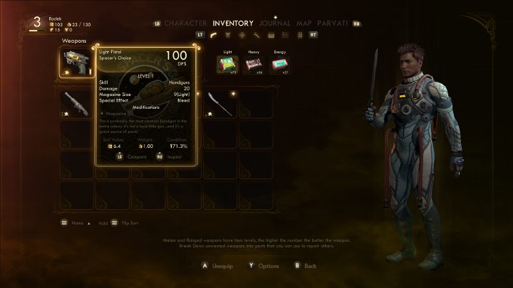 Stan danego przedmiotu możesz sprawdzić w ekwipunku. - 10 najlepszych porad na start | The Outer Worlds - The Outer Worlds - poradnik do gry