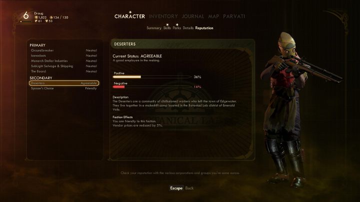 W menu postaci możesz sprawdzić swoją reputację u konkretnej frakcji. - Reputacja w The Outer Worlds - The Outer Worlds - poradnik do gry
