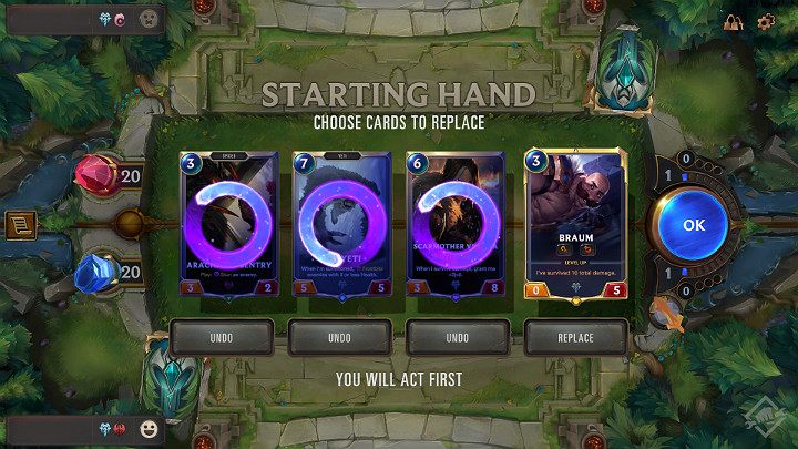 Jeśli chcesz wymienić którąś z kart wystarczy wcisnąć przycisk Replace - Mulligan - selekcja kart w Legends of Runeterra - Legends of Runeterra - poradnik do gry
