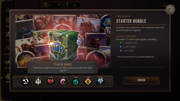 Pakiet startowy do gry Legends of Runeterra dostępny jest za 5$ (około 22 pln) i zawiera po 11 kart z każdego regionu - Legends of Runeterra - poradnik do gry