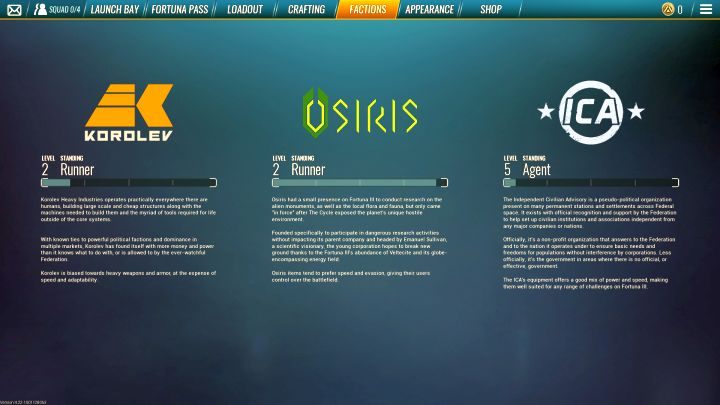 Podgląd dostępnych w grze frakcji, wraz z ich poziomami zaufania do gracza. - Rozwój postaci i frakcje w The Cycle - The Cycle - poradnik do gry