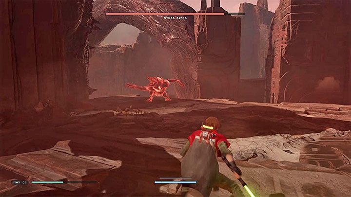 Nydak Alpha dysponuje także czerwonymi atakami - mogą to być skoki w stronę głównego bohatera lub silne uderzenia w ziemię - Nydak Alpha (planeta Dathomir) | Boss w Jedi Upadły Zakon / Fallen Order - Star Wars Jedi Fallen Order - poradnik do gry