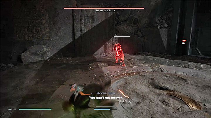 Druga Siostra stosuje także czerwone ataki i w początkowej części walki są to pchnięcia mieczem świetlnym - Druga Siostra (planeta Zeffo) | Boss w Jedi Upadły Zakon / Fallen Order - Star Wars Jedi Fallen Order - poradnik do gry