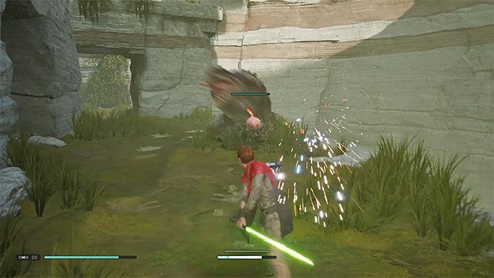 Przytrzymaj szybko przycisk aktywacji przyciagnięcia Mocy (L2 / lewy trigger na padzie) i po złapaniu języka (pokazuje to obrazek 1) przetnij go standardowym atakiem mieczem świetlnym (Kwadrat / X na padzie) (obrazek 2) - Cięty język | Trofeum Jedi Upadły Zakon / Fallen Order - Star Wars Jedi Fallen Order - poradnik do gry