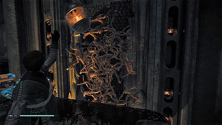 Znajdziesz się przed barykadą z konarów i ponownie przetestujesz tu nową zdolność - Rozdział 3 Grobowiec Miktrulla - solucja Jedi Upadły zakon / Fallen Order - Star Wars Jedi Fallen Order - poradnik do gry