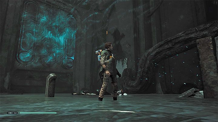 Rozwiązywanie zagadki rozpocznij od wejścia w interakcję z lewym piedestałem po to żeby załączyć przyciąganie grawitacyjne w tej sali - Rozdział 3 Grobowiec Miktrulla - solucja Jedi Upadły zakon / Fallen Order - Star Wars Jedi Fallen Order - poradnik do gry