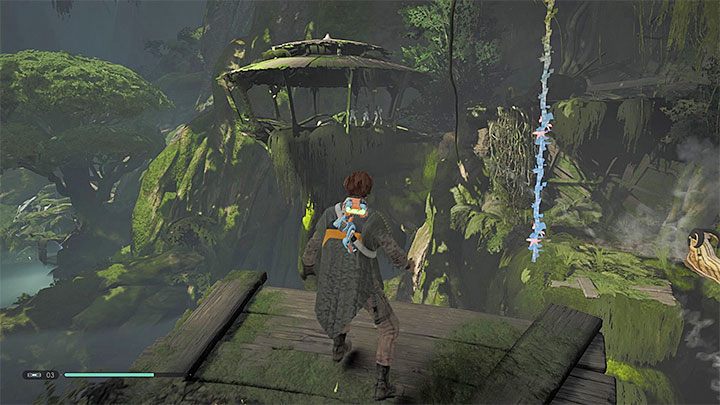 Użyj przyciągnięcia Mocy na wiszącej linie i po złapaniu jej rozbujaj się żeby doskoczyć do oddalonej półki - Rozdział 4 Powrót na Kashyyyk - solucja Jedi Upadły zakon / Fallen Order - Star Wars Jedi Fallen Order - poradnik do gry