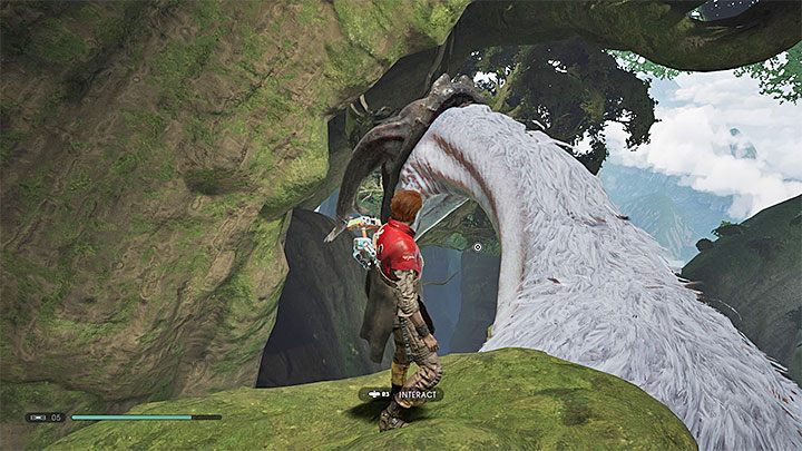 Udaj się na koniec dużej gałęzi i wciśnij przycisk interakcji żeby wdrapać się na grzbieg Shyyyo - Rozdział 4 Powrót na Kashyyyk - solucja Jedi Upadły zakon / Fallen Order - Star Wars Jedi Fallen Order - poradnik do gry