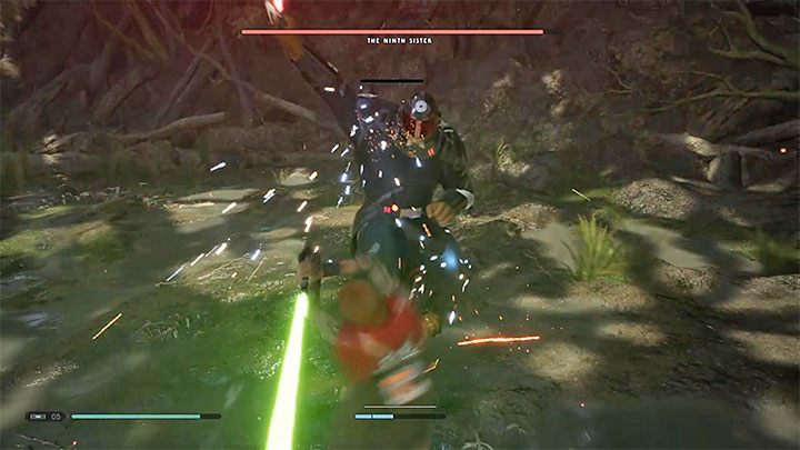 Po tym jak Czerwona Siostra straci cały pasek kondycji przystępuj do agresywnych ataków mieczem świetlnym, na które nie będzie mogła skutecznie odpowiedzieć - Rozdział 4 Dziewiąta Siostra i opuszczenie Kashyyyk - solucja Jedi Upadły zakon - Star Wars Jedi Fallen Order - poradnik do gry