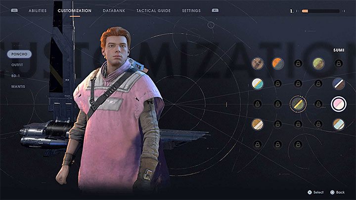 Na potrzeby zdobycia trofeum musisz dokonać zmiany wyglądu w czterech kategoriach - poncza głównego bohatera (Poncho), stroju głównego bohatera (Outfit), skórki BD-1 oraz skórki Modliszki (Mantis) - Lista trofeów | Jedi Upadły Zakon / Fallen Order - Star Wars Jedi Fallen Order - poradnik do gry