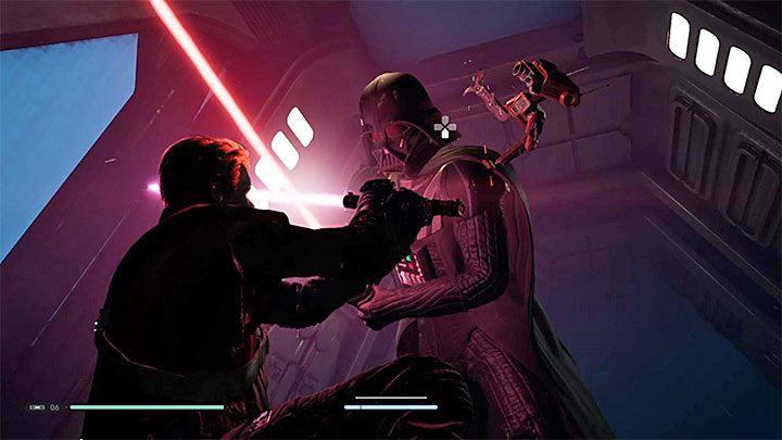 Zaczekaj aż BD-1 wdrapie się na plecy Vadera i wciśnij przycisk poproszenia droida o pomoc - Rozdział 6 Fortress Inquisitorius - finał - solucja Jedi Upadły zakon - Star Wars Jedi Fallen Order - poradnik do gry